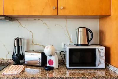a kitchen counter with a microwave and a toaster at Casa Estrela Dos Reis in Estreito da Calheta