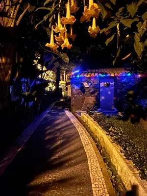 a house with christmas lights on a wall at Suite Bela Vigia 2 in Jardim do Mar