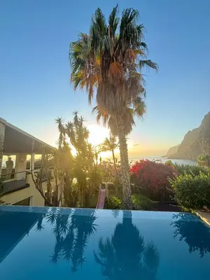 a large blue swimming pool with palm trees in the background at Suite Bela Vigia 2 in Jardim do Mar