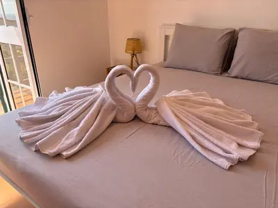 two towel swans sitting on top of a bed at Oliveira's Home in Porto Santo