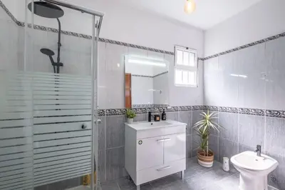 a bathroom with a sink and a shower and a toilet at Casa Almada in Ribeira Brava