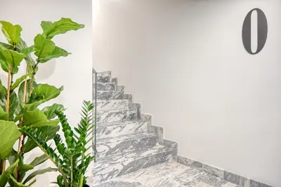 a stone staircase in a white wall next to a plant at BSE15 Apartments 4K, a Home in Madeira in Funchal
