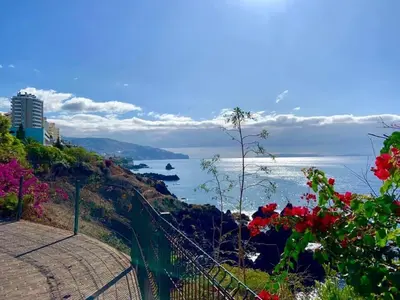 a view of the ocean from a hill with flowers at Pakisa-Holidays in Funchal