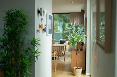 a hallway with potted plants and a dining room at Blue Boat by Madeira Best Apartments in Funchal