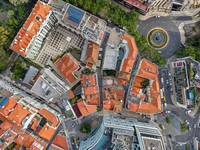 an overhead view of a city intersection with buildings at Cozy City Center Apartment in Funchal in Funchal