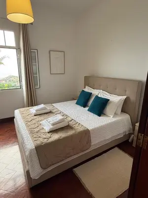 a bedroom with a large bed with blue pillows at Vila Verde in Tábua