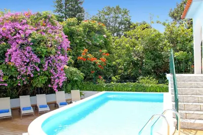 a swimming pool with chairs and purple flowers at Villa Casa Amelia by Villa Plus in Caniço