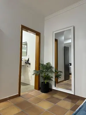 a bathroom with a mirror and a potted plant at Alforra Residence 2-Centro-Praias-Levadas in Câmara de Lobos