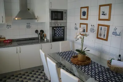 a kitchen with a table with a potted plant on it at Casa do Prendinha B in Ponta do Pargo