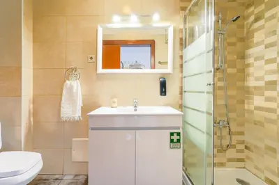 a bathroom with a sink and a toilet and a mirror at Casa das Rosas in Funchal