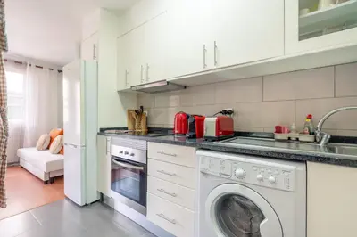 a kitchen with a washing machine and a sink at Casa das Rosas in Funchal
