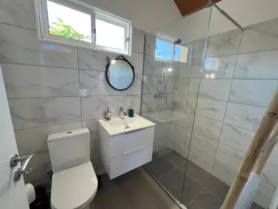 a bathroom with a toilet and a sink and a shower at Chalet Abacates in Estreito da Calheta