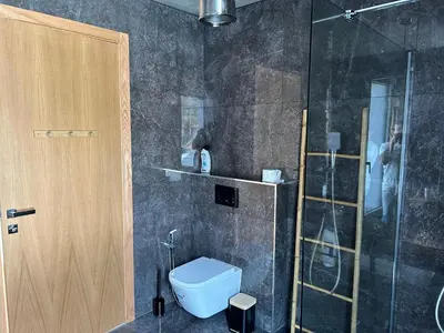 a bathroom with a toilet and a glass shower at Villa MARIE in Fajã da Ovelha