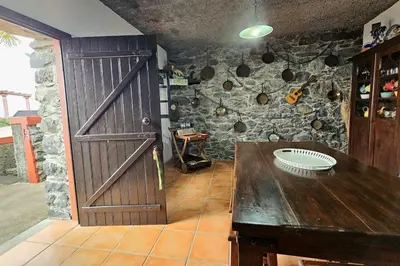 a room with a wooden door and a stone wall at Refugio Jardim Prazeres WiFi BBQ in Prazeres