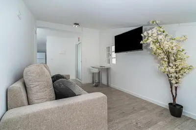 a living room with a couch and a tv at Ana's View, cozy apartment, AC, sea view & parking in Arco da Calheta