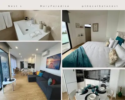 a collage of photos of a bedroom and a living room at Calheta Nest in Calheta