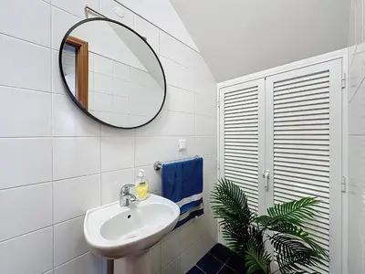 a bathroom with a sink and a mirror and a plant at Ocean View Botânico in Funchal