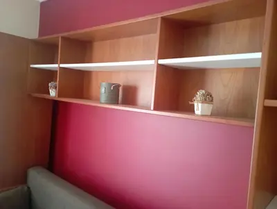 a shelf with two potted plants and a pink wall at Village Sun House - Porto Moniz in Porto Moniz