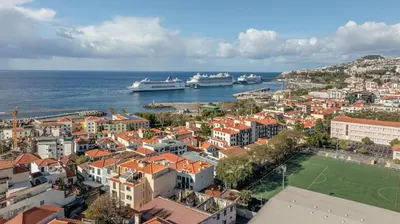 two ships are docked in the water near a city at Funchal pad with Harbor Views & cool Aircon Bliss in Funchal