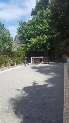 a park with two benches and a table under a tree at Refúgio Guest House in São Vicente