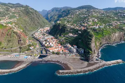 an aerial view of a town on a mountain at Bela Vale Nº4 in Ribeira Brava
