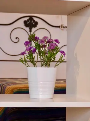 a white vase with purple flowers on a shelf at Apartamento Branco Beliche in Sagres