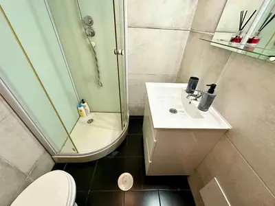 a bathroom with a shower and a sink and a toilet at Private Rooftop Sunny Terrace in Funchal in Funchal