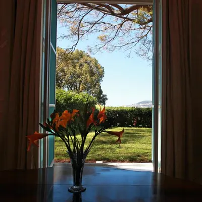 a vase with orange flowers on a table in front of a window at Quinta das Malvas - Quinta de Santa Luzia in Funchal