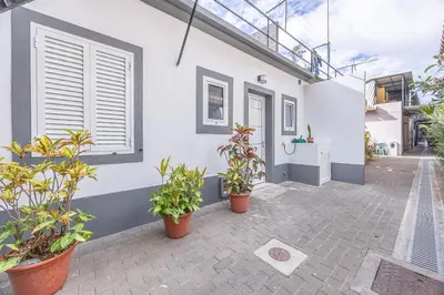 a white house with plants in a courtyard at Ferreira's Retreat in Ponta do Sol
