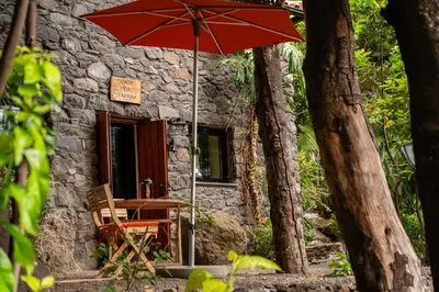 a table with an umbrella in front of a stone building at Casas da Terça - modern comfort in traditional houses set within 300sqm of private gardens to explore in Tábua