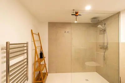 a bathroom with a shower with a glass door at Casas da Terça - modern comfort in traditional houses set within 300sqm of private gardens to explore in Tábua