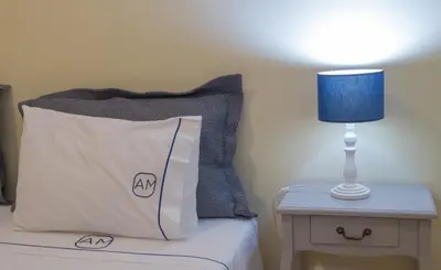 a bed with a pillow and a lamp on a table at Apartments Madeira Santa Maria in Funchal