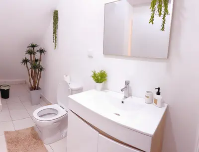 a white bathroom with a toilet and a sink at ALc in Ribeira Brava