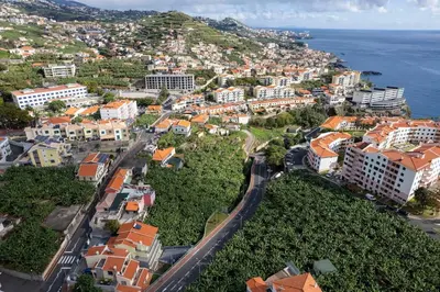 an aerial view of a city next to the ocean at Autonomia House I in Câmara de Lobos