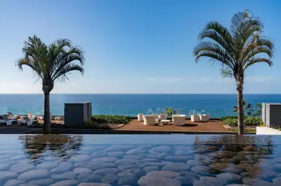 a pool with palm trees and chairs and the ocean at OurMadeira - Palace Ocean View in Funchal