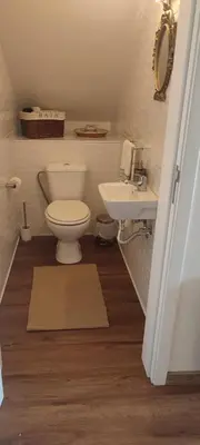 a bathroom with a toilet and a sink at Recanto das Florenças - Casa 3 in Arco da Calheta