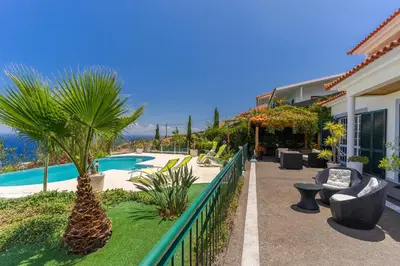 a house with a palm tree next to a pool at Villa Black Rock by Holiday Rental Madeira in Santa Cruz
