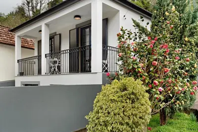 a house with a balcony and a bush at Casa Francisco in São Vicente