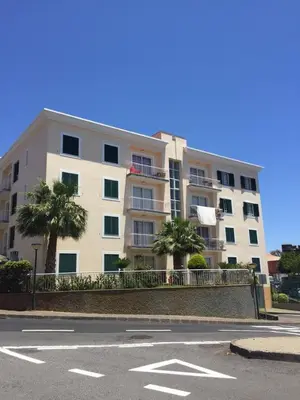 a large white building with palm trees in front of it at Excelente T3 Duplex Funchal in Funchal