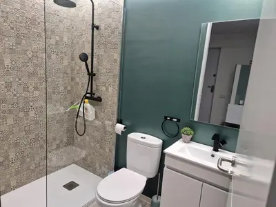 a bathroom with a shower and a toilet and a sink at Center Marina view Green Studio in Funchal