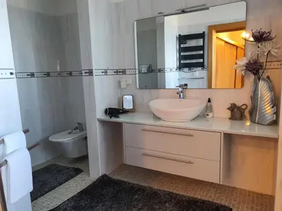 a bathroom with a sink and a mirror and a toilet at Villa Palmera Sea View in Arco da Calheta