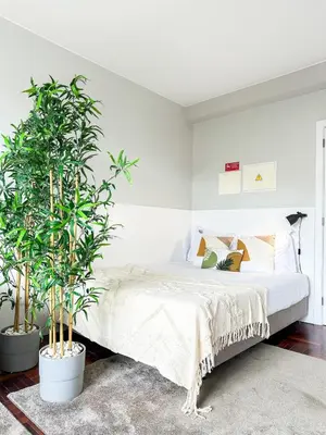 a bedroom with two potted plants and a bed at Santa Luzia's Pearl II D - Studio in Funchal