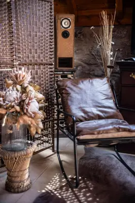 a leather chair in a room with a plant at Cabana da Quinta Girassol by YMR in Ponta do Sol