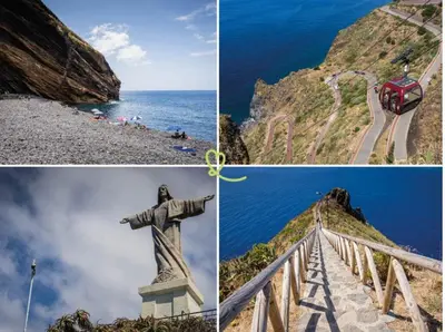 a collage of photos with a statue on a mountain at VeBella Abegoaria in Caniço