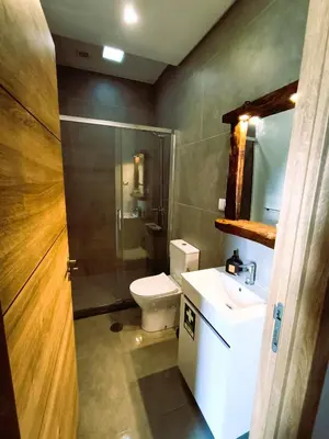 a bathroom with a toilet and a sink and a shower at 26 Steps in Calheta