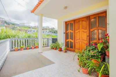 a porch with a wooden door and potted plants at Casa Terra da Vinha in Canhas