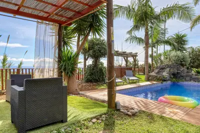 a backyard with a swimming pool and palm trees at Ricardo House, a Home in Madeira in Calheta