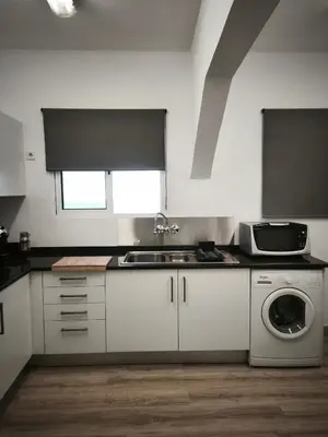 a kitchen with a sink and a washing machine at Apartamento MONTECORUJEIRA in Funchal