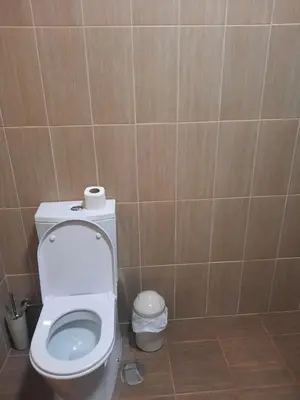 a bathroom with a toilet and a tiled wall at Rose Sun House in Ponta do Sol