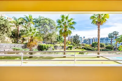 a window view of a park with palm trees at Lux Garden View by Homie in Funchal